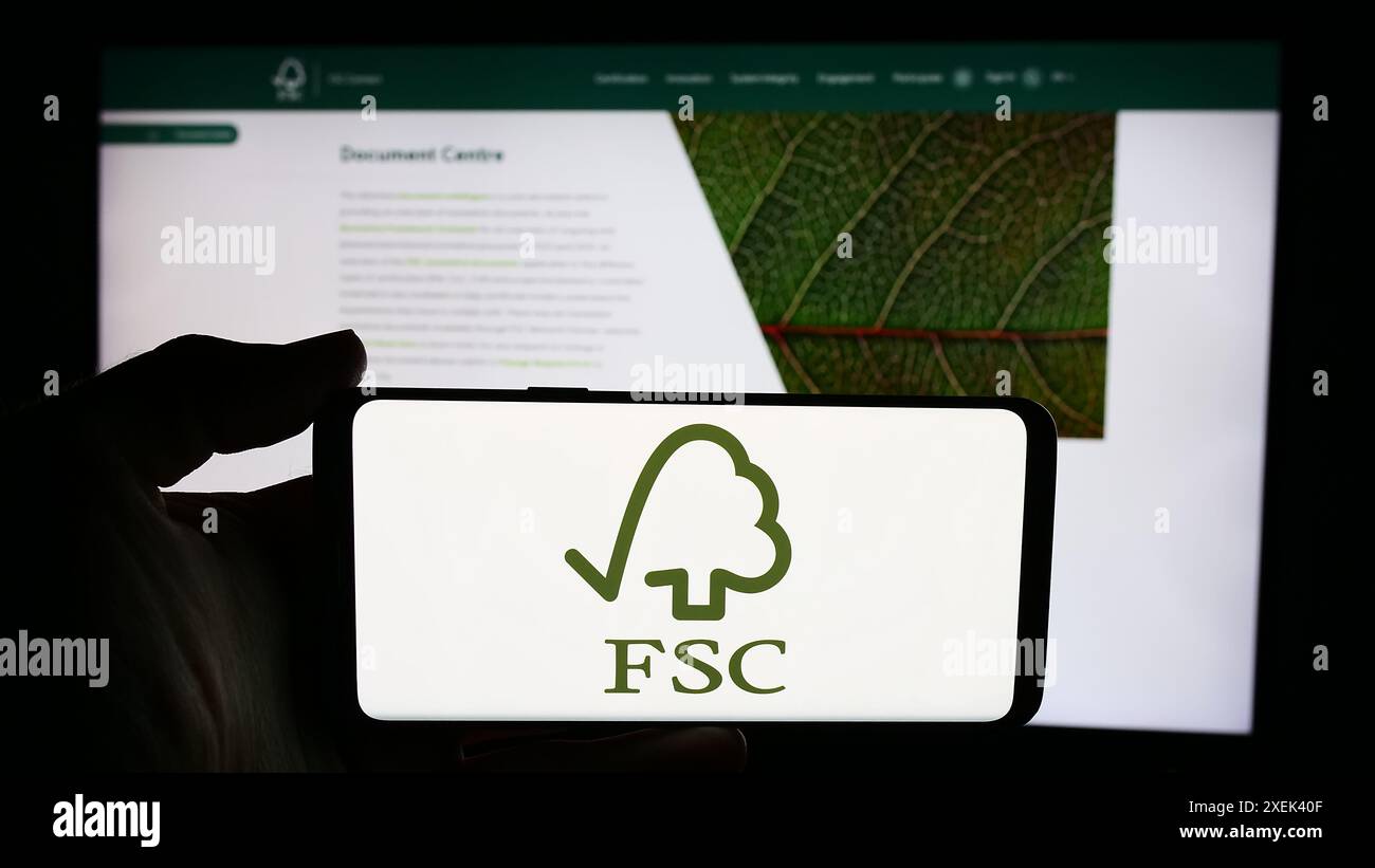 Personne tenant un téléphone portable avec le logo de l'organisation Forest Stewardship Council GmbH (FSC) en face de la page Web. Concentrez-vous sur l'affichage du téléphone. Banque D'Images