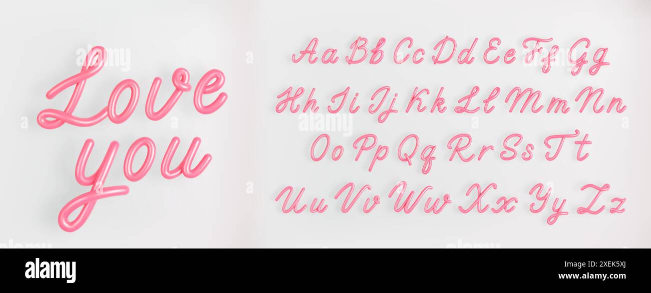 Alphabet de script rose 3D sur fond clair. Illustration vectorielle de police Bubble cursive Cute. Illustration de Vecteur