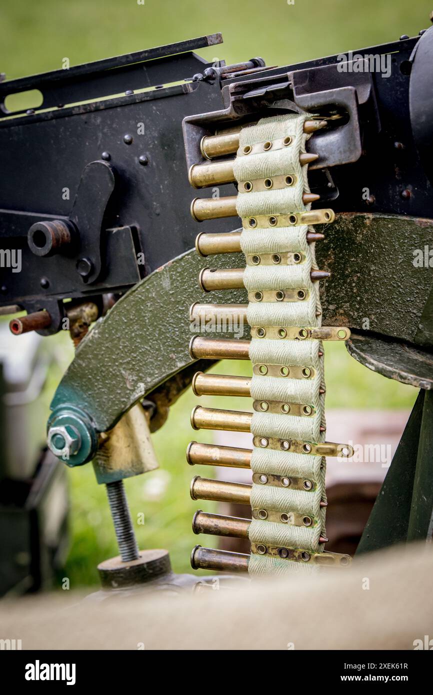 Vue détaillée et rapprochée d'une ceinture de munitions de la seconde Guerre mondiale (WW2), suspendue au côté d'une mitrailleuse prête à être chargée dans la brèche Banque D'Images