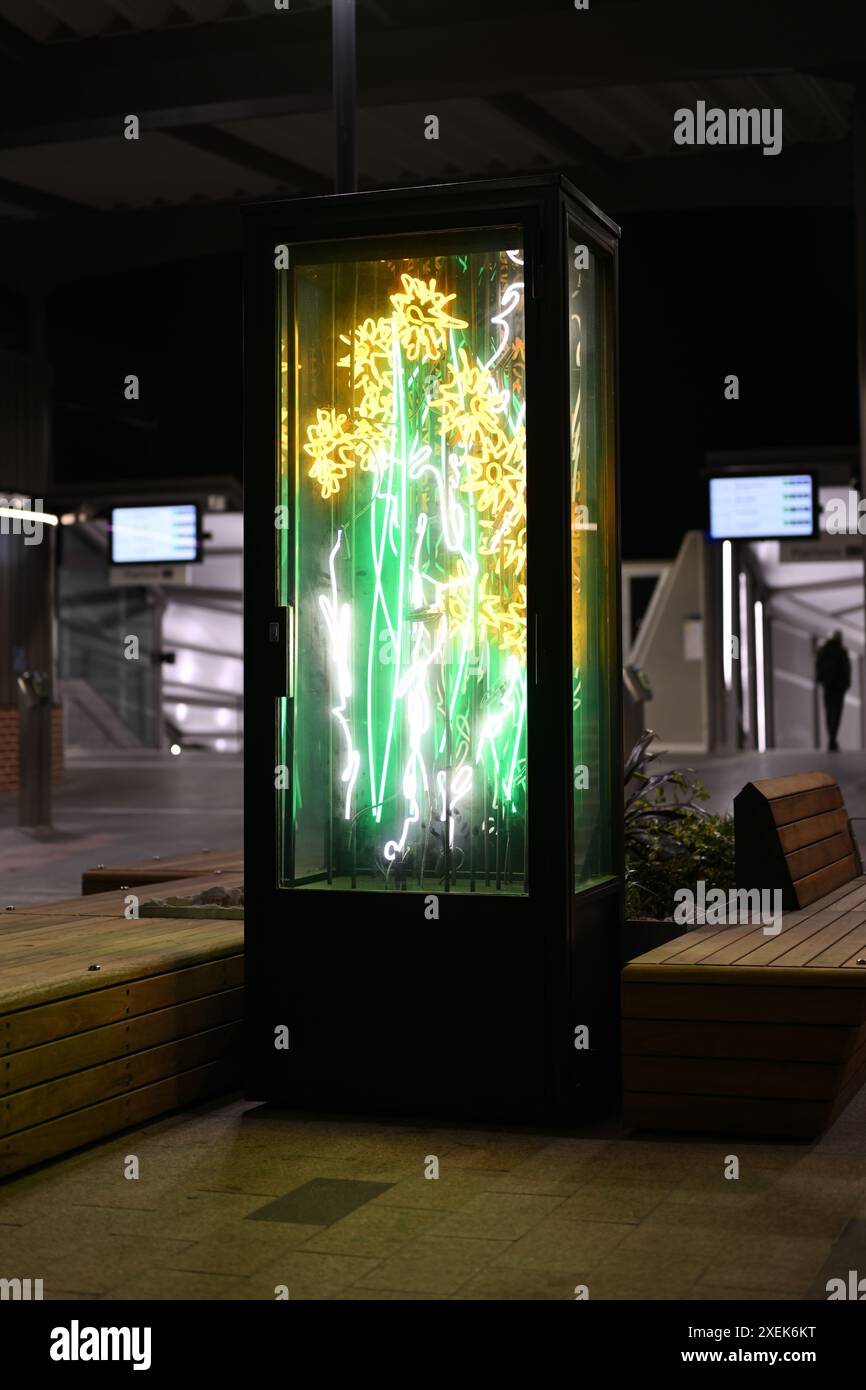 Installation d'art public à l'entrée de la gare de Glen Huntly, avec globes verts et jaunes en forme de fleurs, brillants Banque D'Images