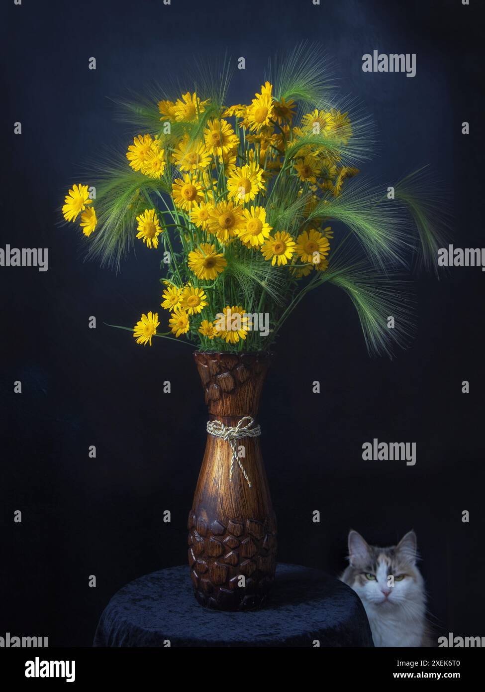 Nature morte avec bouquet de fleurs et chatte curieuse Banque D'Images