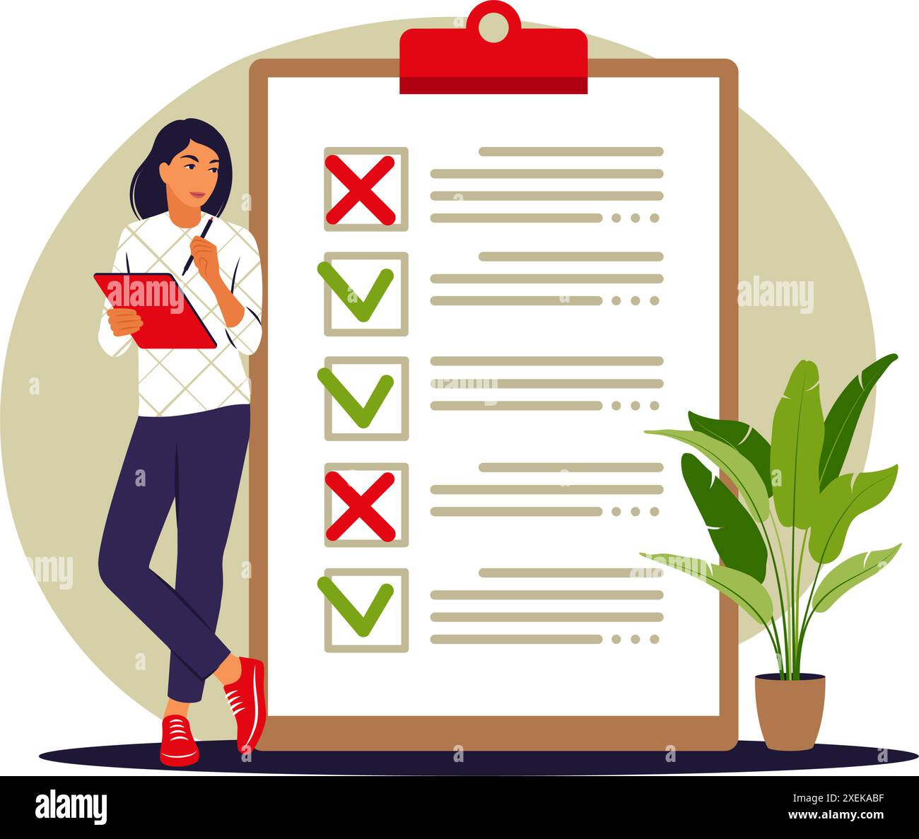 Concept de liste de tâches. La femme se tient près de la grande liste de tâches. Illustration vectorielle. Plat. Illustration de Vecteur