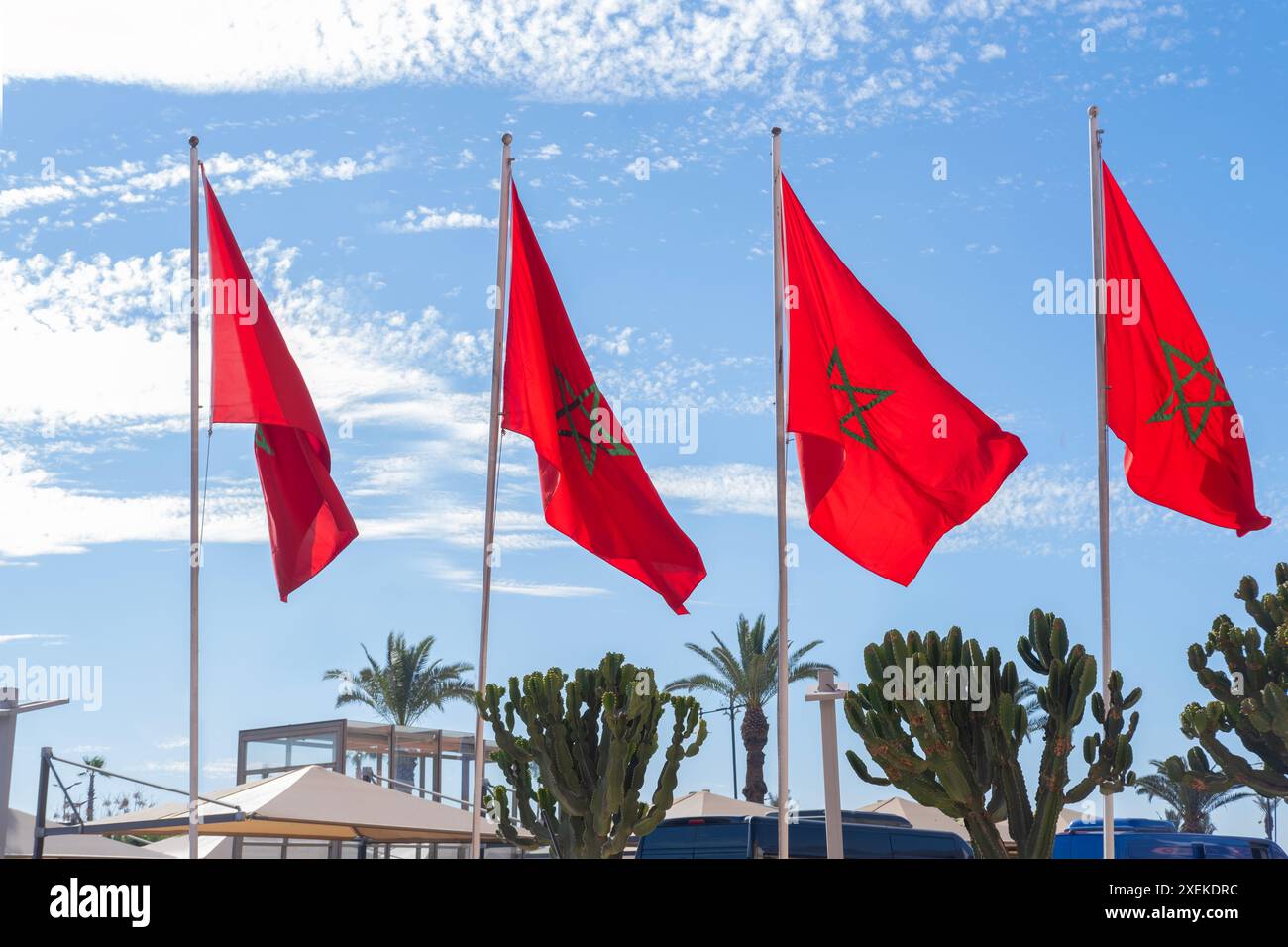 Drapeau national marocain rouge flattes tissu de soie contre le ciel, étoile à cinq branches, bâtiment du gouvernement, jour de l'indépendance, commerce mondial, affaires et cou Banque D'Images
