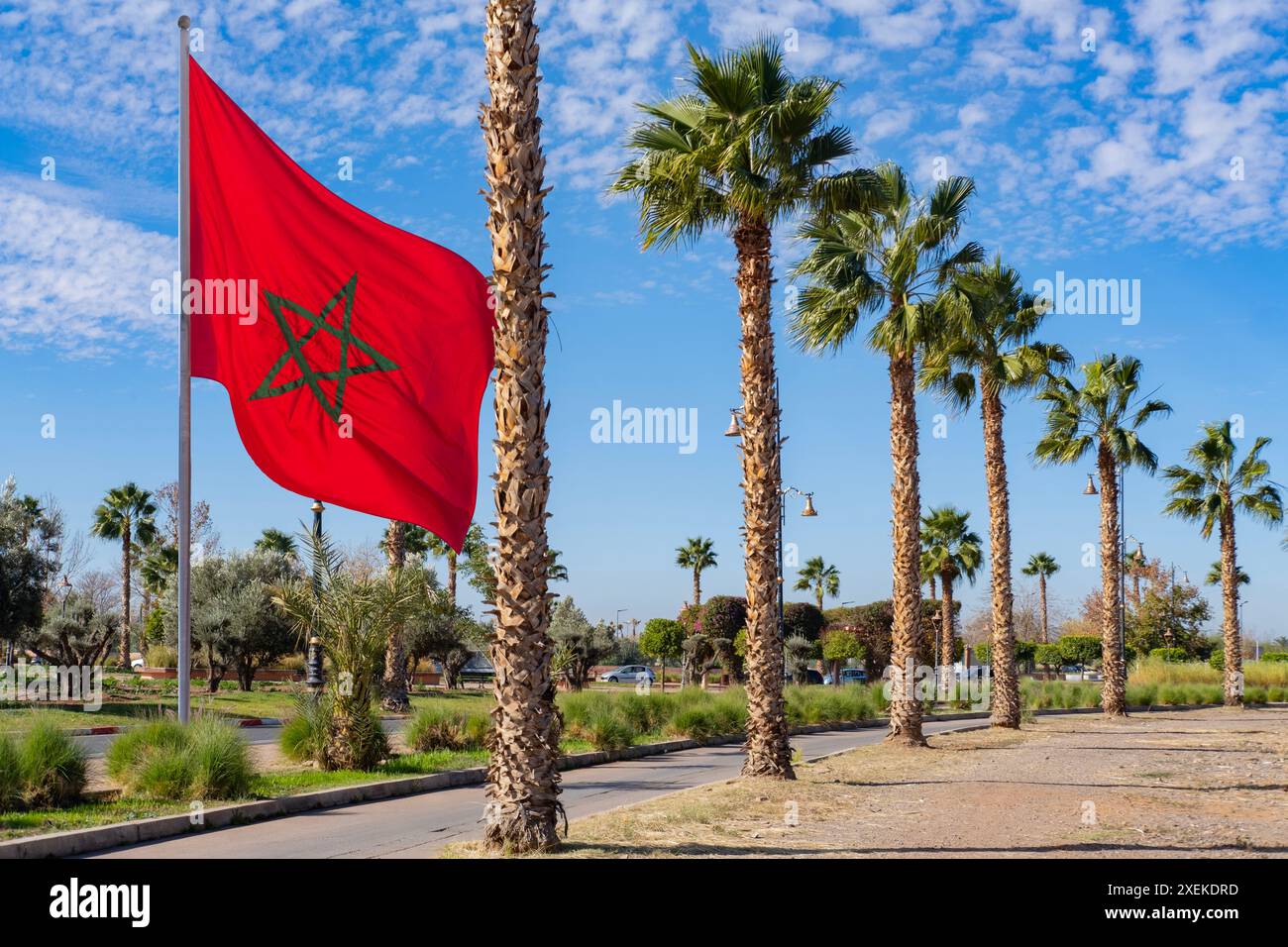 Drapeau national marocain rouge flattes tissu de soie contre le ciel, étoile à cinq branches, bâtiment du gouvernement, jour de l'indépendance, commerce mondial, affaires et cou Banque D'Images