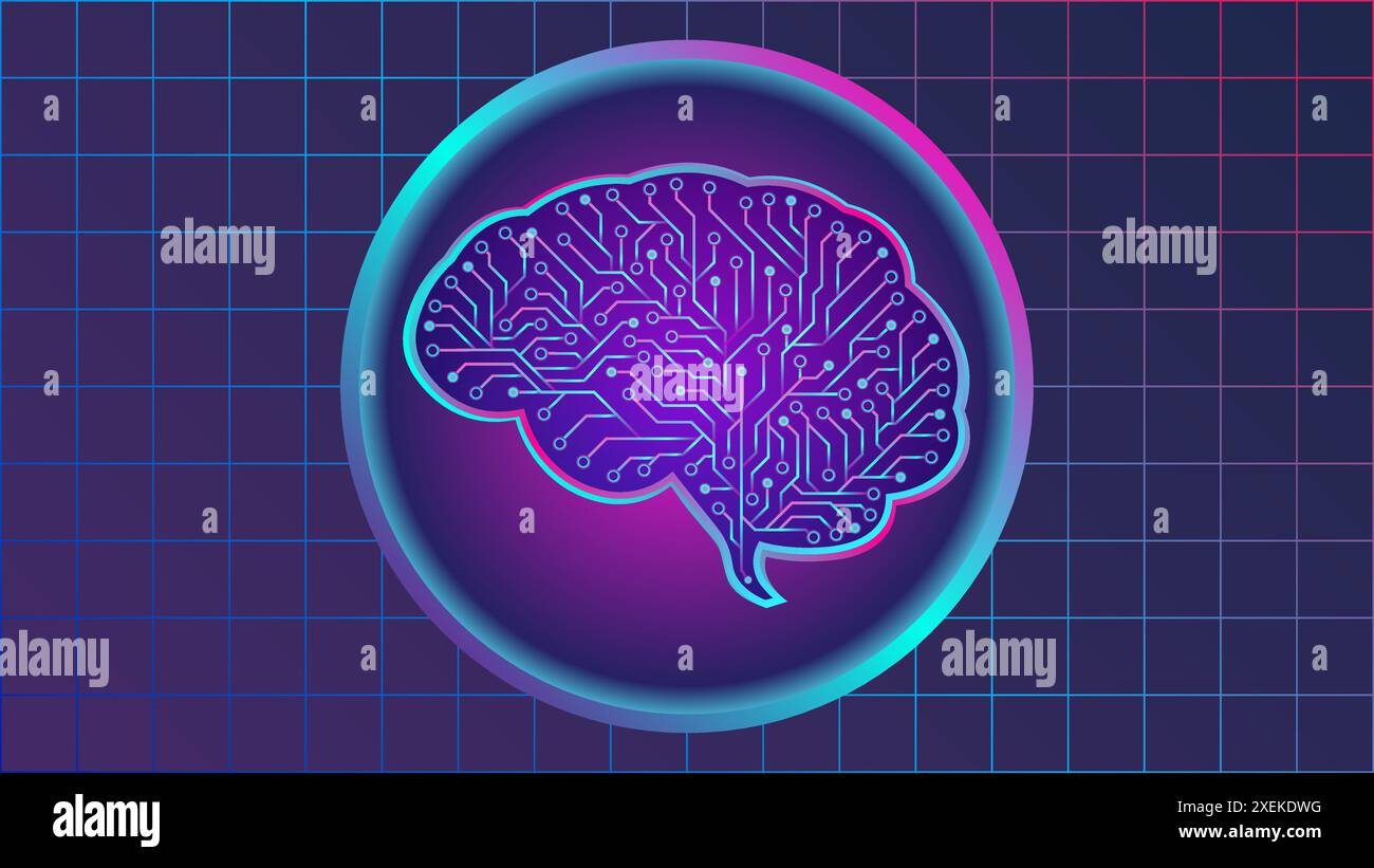 Illustration vectorielle de l'Intelligence artificielle en couleur néon, avec un cercle et un cerveau avec circuit électrique comme éléments graphiques. Illustration de Vecteur