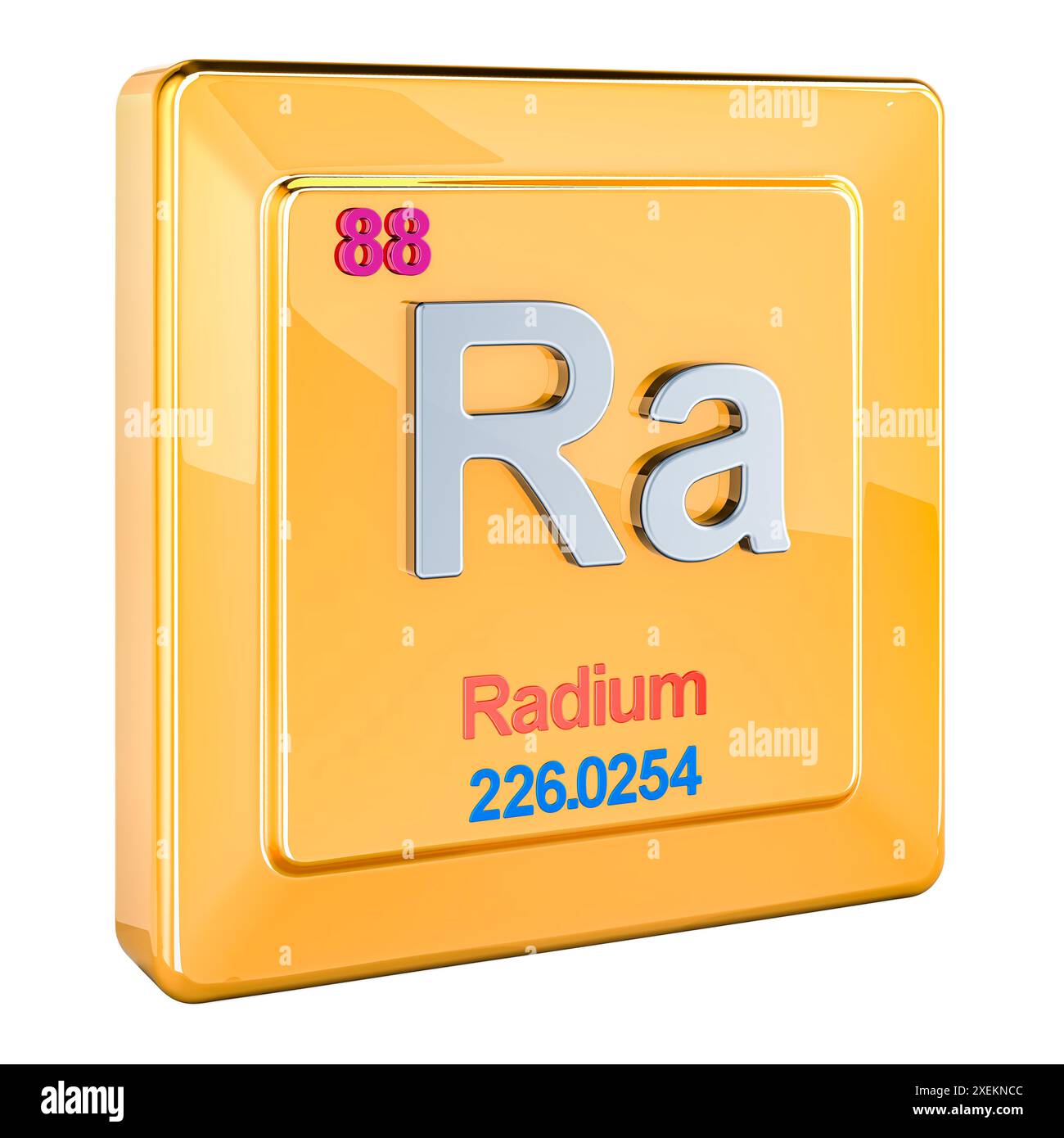 Radium Ra, signe d'élément chimique avec le numéro 88 dans le tableau périodique. Rendu 3D isolé sur fond blanc Banque D'Images