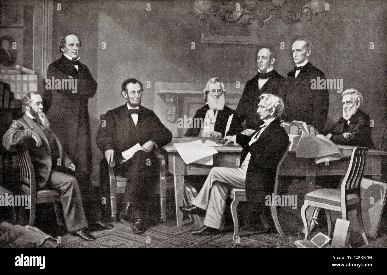Première lecture de la Proclamation d'émancipation du président Lincoln, 1862. De gauche à droite, Edwin Stanton, secrétaire à la Guerre, Salmon Chase, secrétaire au Trésor, président Abraham Lincoln, Gideon Welles, secrétaire à la Marine, Caleb B. Smith, secrétaire à l'intérieur, William Seward, secrétaire d'État, Montgomery Blair, ministre des postes, Edward Bates, procureur général. Banque D'Images