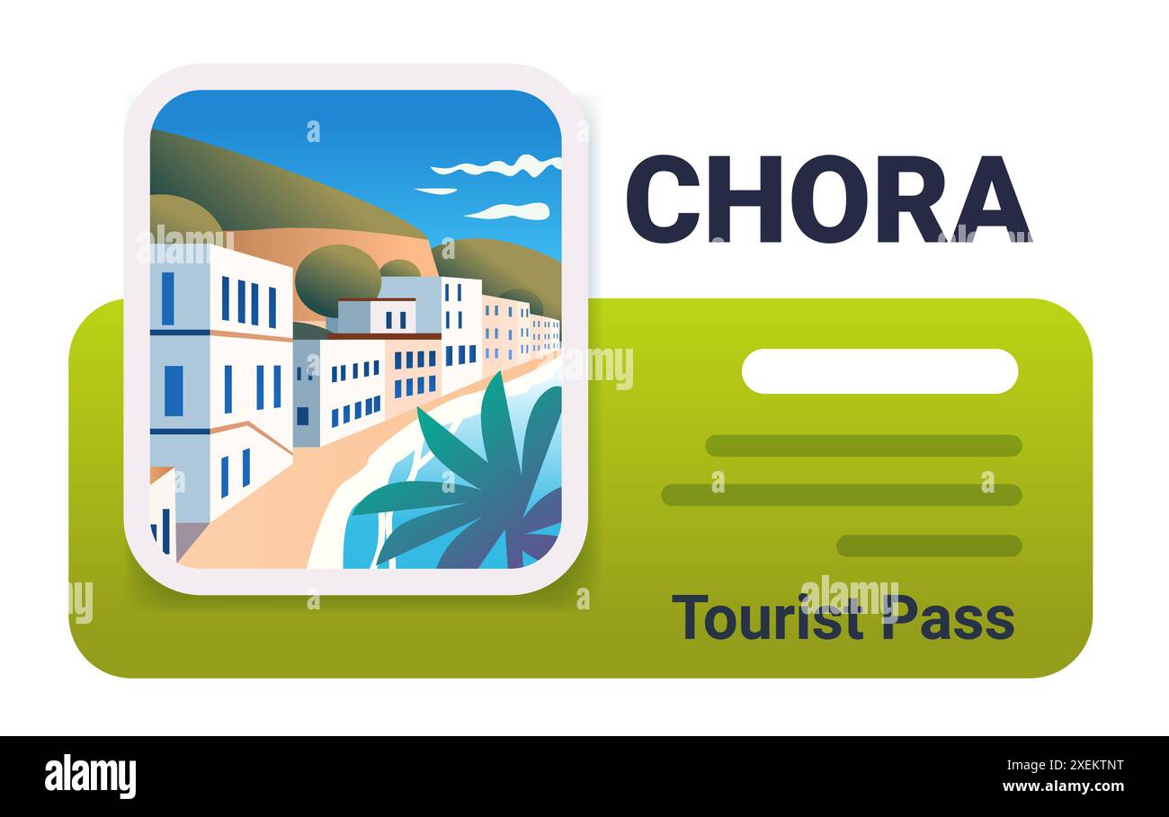 Pass touristique avec paysage de ville côtière avec des bâtiments, des palmiers, des collines et un ciel bleu Illustration de Vecteur