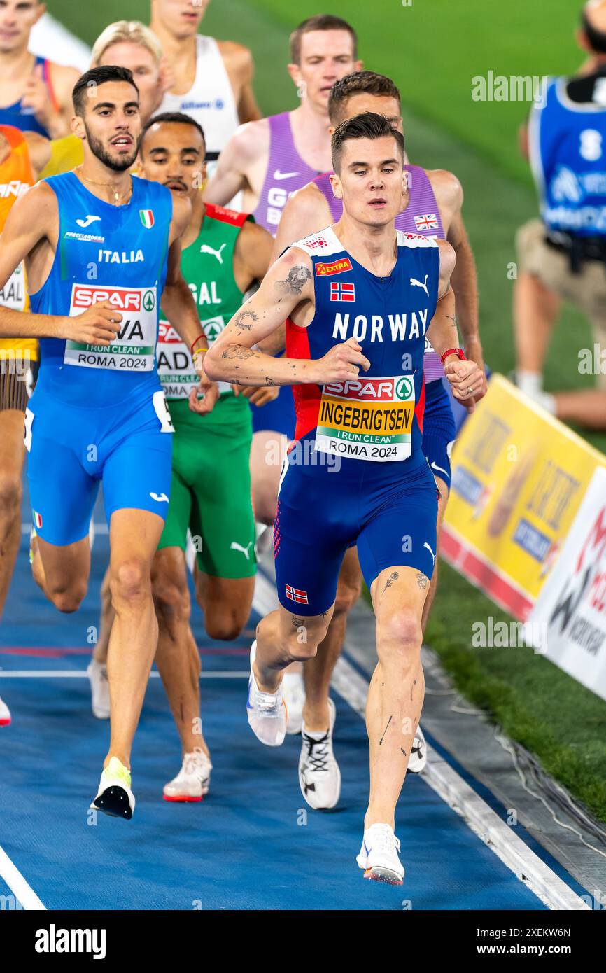 ROME, ITALIE - 12 JUIN : le norvégien Jakob Ingebrigtsen en compétition sur le 1500 m hommes lors de la sixième journée des Championnats d'Europe d'athlétisme - Rome 2024 au Stadio Olimpico le 12 juin 2024 à Rome, Italie. (Photo de Joris Verwijst/BSR Agency) Banque D'Images