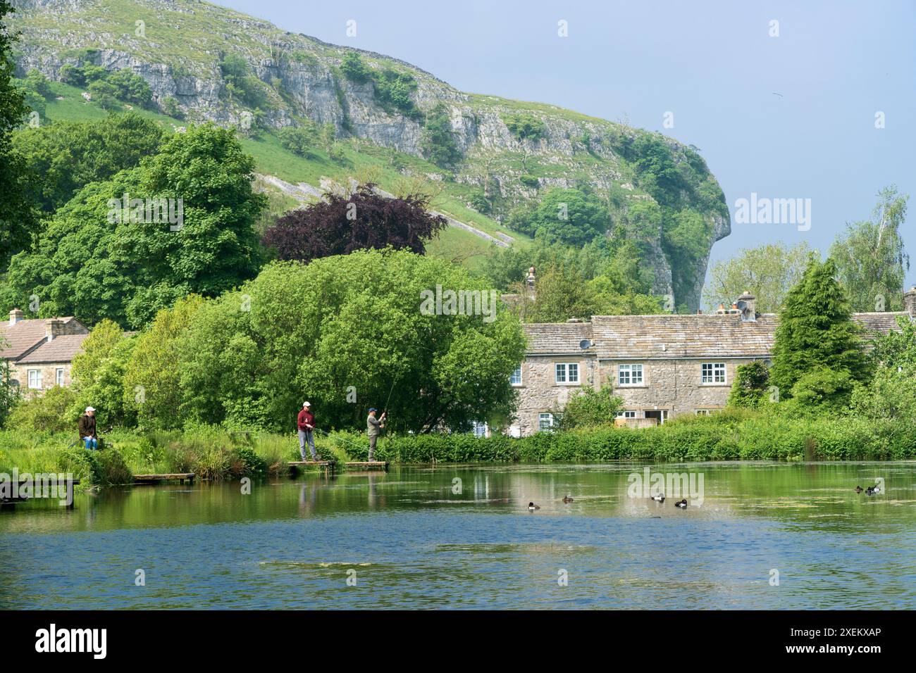 Pêche à la mouche sur l'un des lacs au-dessous de Kilnsey Crag à Wharfedale, dans les Yorkshire Dales, Royaume-Uni Banque D'Images Pêche à la mouche sur l'un des lacs au-dessous de Kilnsey Crag à Wharfedale, dans les Yorkshire Dales, Royaume-Uni Banque D'Images