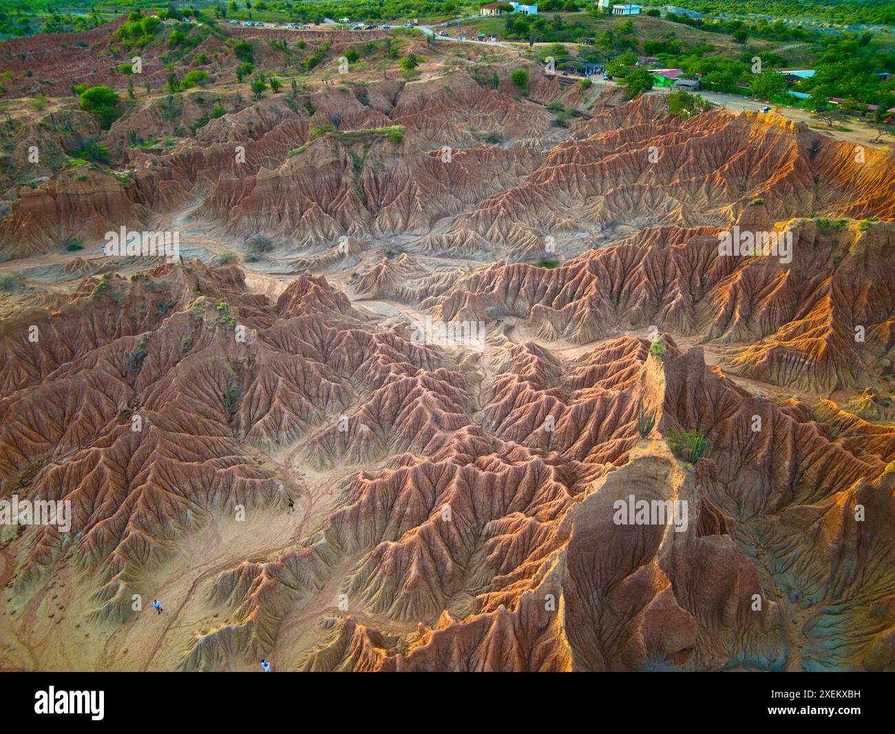 Vue aérienne du désert de Tatacoa en Colombie, mettant en valeur ses formations rocheuses rouges frappantes et ses paysages érodés uniques baignés de soleil. Banque D'Images