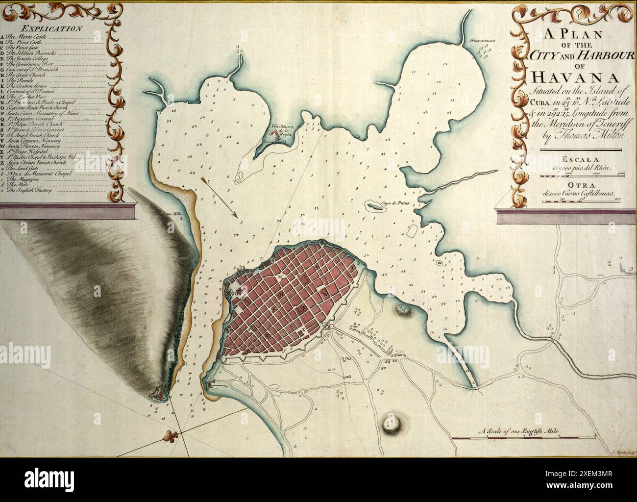 Un plan de la ville et du port de la Havane : situé sur l'île de Cuba en 23d : 10m. nth. Latitude & en 292d : 15m de longitude du méridien de Teneriff / par Thomas Milton beaucoup amélioré et modifié selon le plan authentique du capitaine James Rentone, vers 1750 Banque D'Images