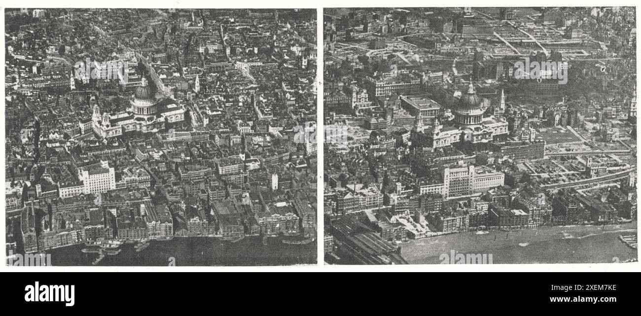 Dégâts causés par la bombe Blitz de la ville de Londres. Ces deux photographies aériennes montrent les environs de St Paul avant et après le bombardement. Banque D'Images