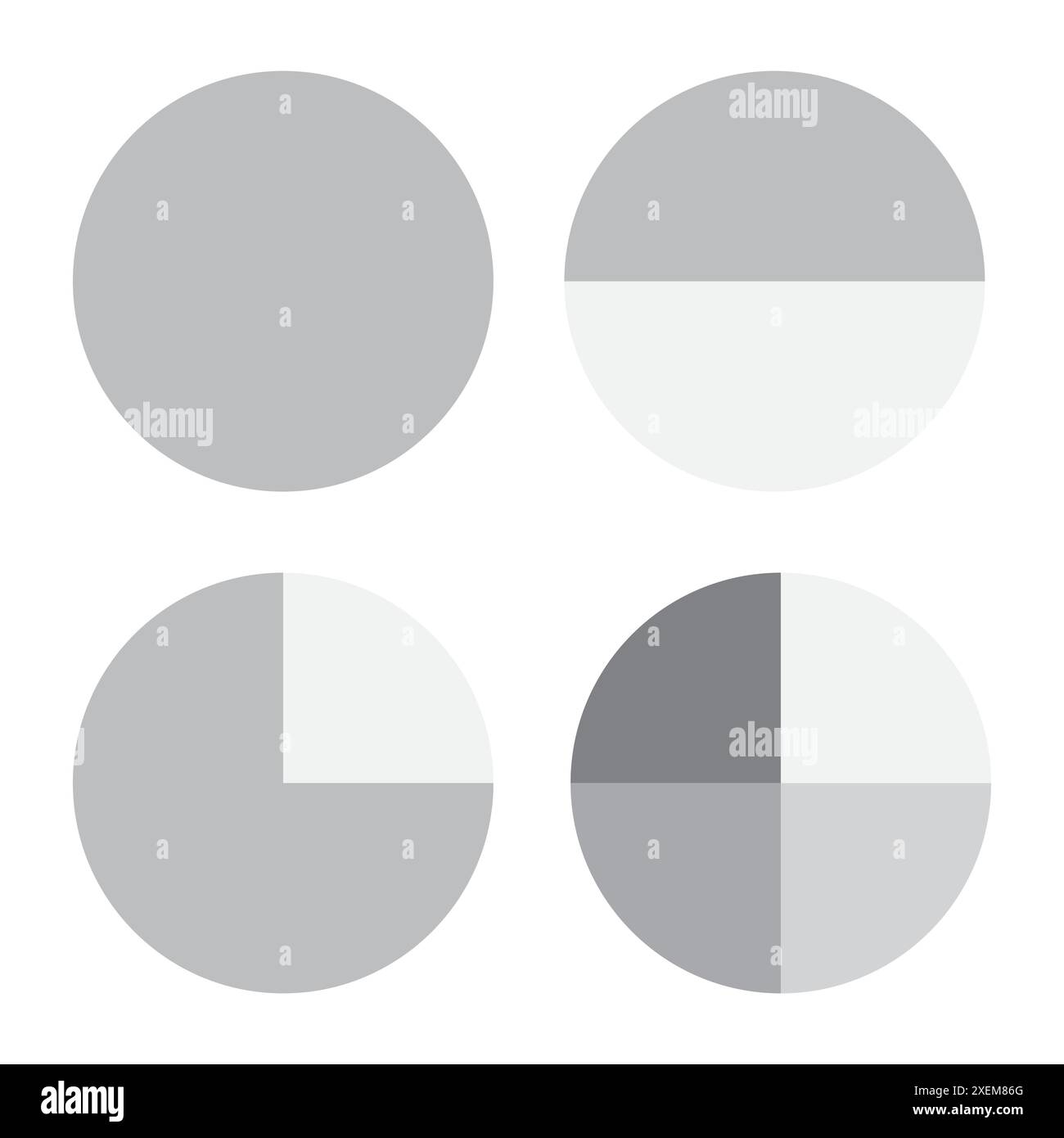 Icônes rondes monochromes. Quatre divisions différentes. Tons gris et blancs. Formes vectorielles géométriques. Illustration de Vecteur