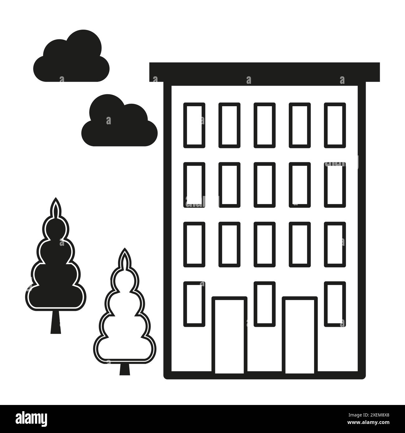 Bâtiment avec arbres. Vecteur de scène urbaine. Éléments de ciel nuageux. Style noir et blanc. Illustration de Vecteur