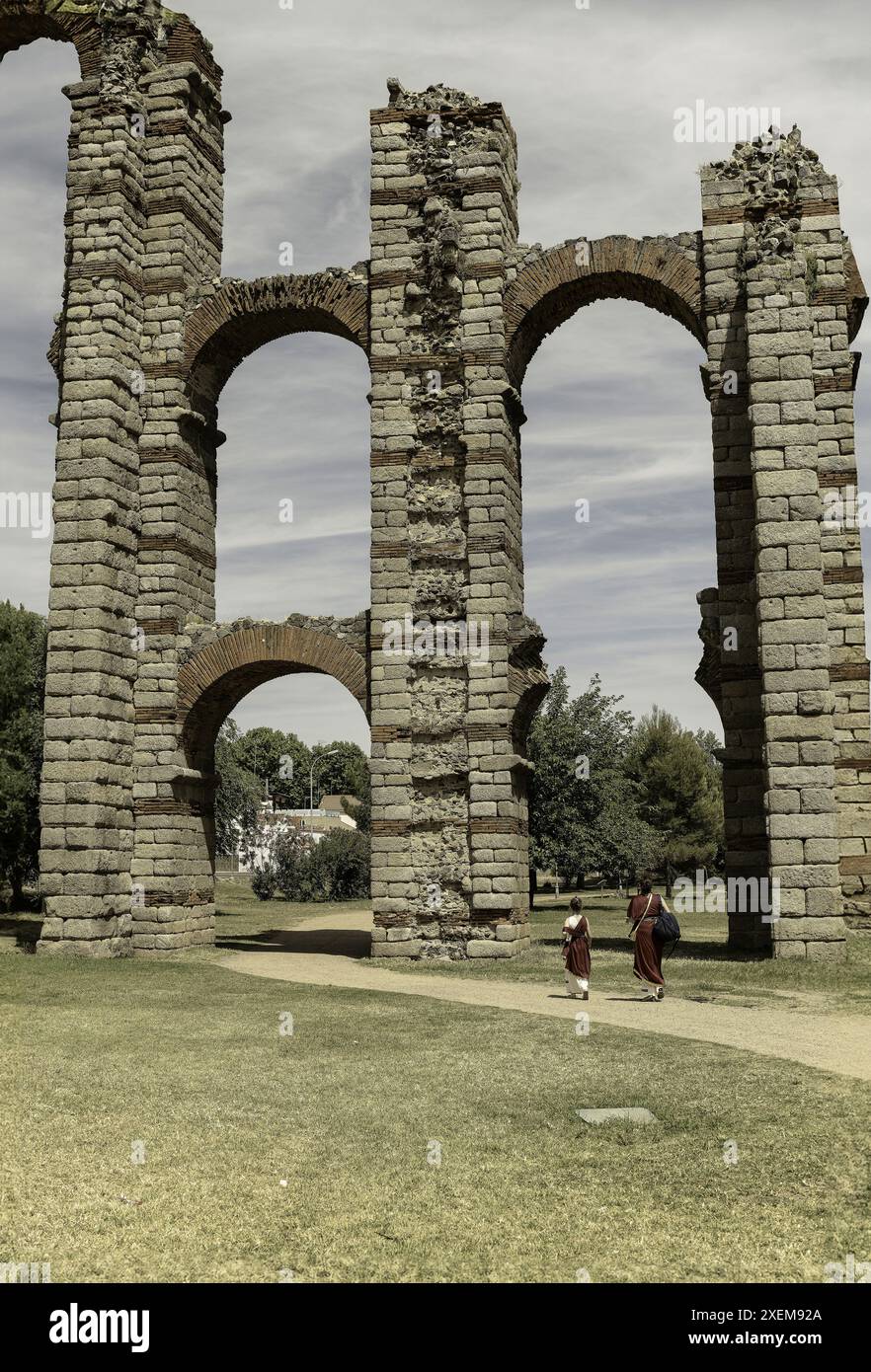 L'aqueduc romain des miracles à Mérida, en Espagne, se dresse au milieu d'une végétation luxuriante. Une merveille ancienne mettant en valeur l'éclat de l'ingénierie romaine. Banque D'Images