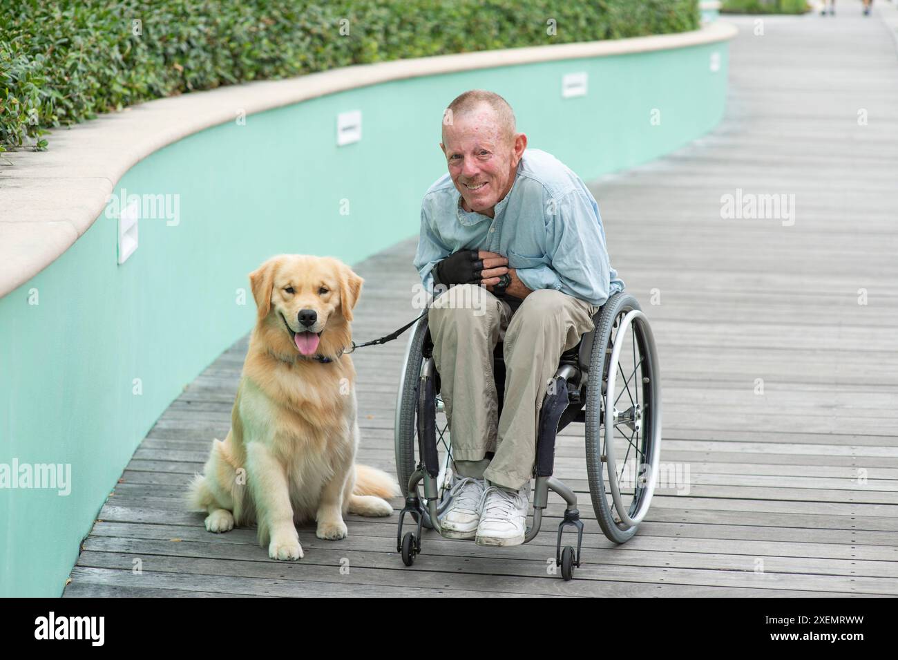 Homme en fauteuil roulant avec son chien d'assistance dehors sur un chemin, un portrait informel avec les deux regardant la caméra Banque D'Images