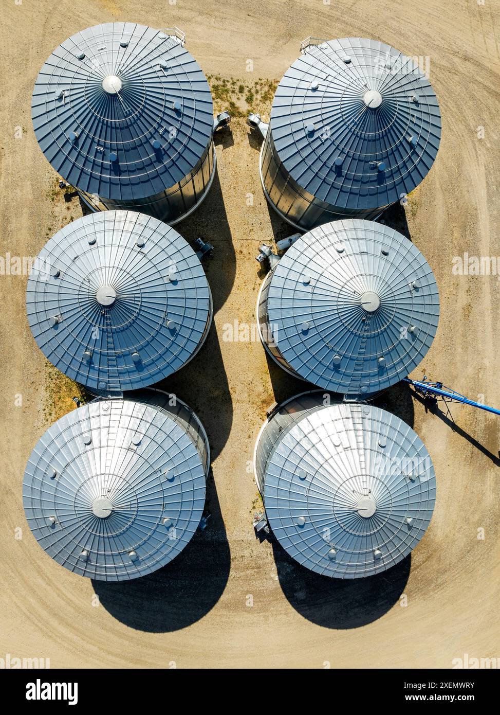 Vue aérienne aérienne de grands bacs à grains métalliques sur des terres agricoles au nord de Calgary, Alberta ; Alberta, Canada Banque D'Images