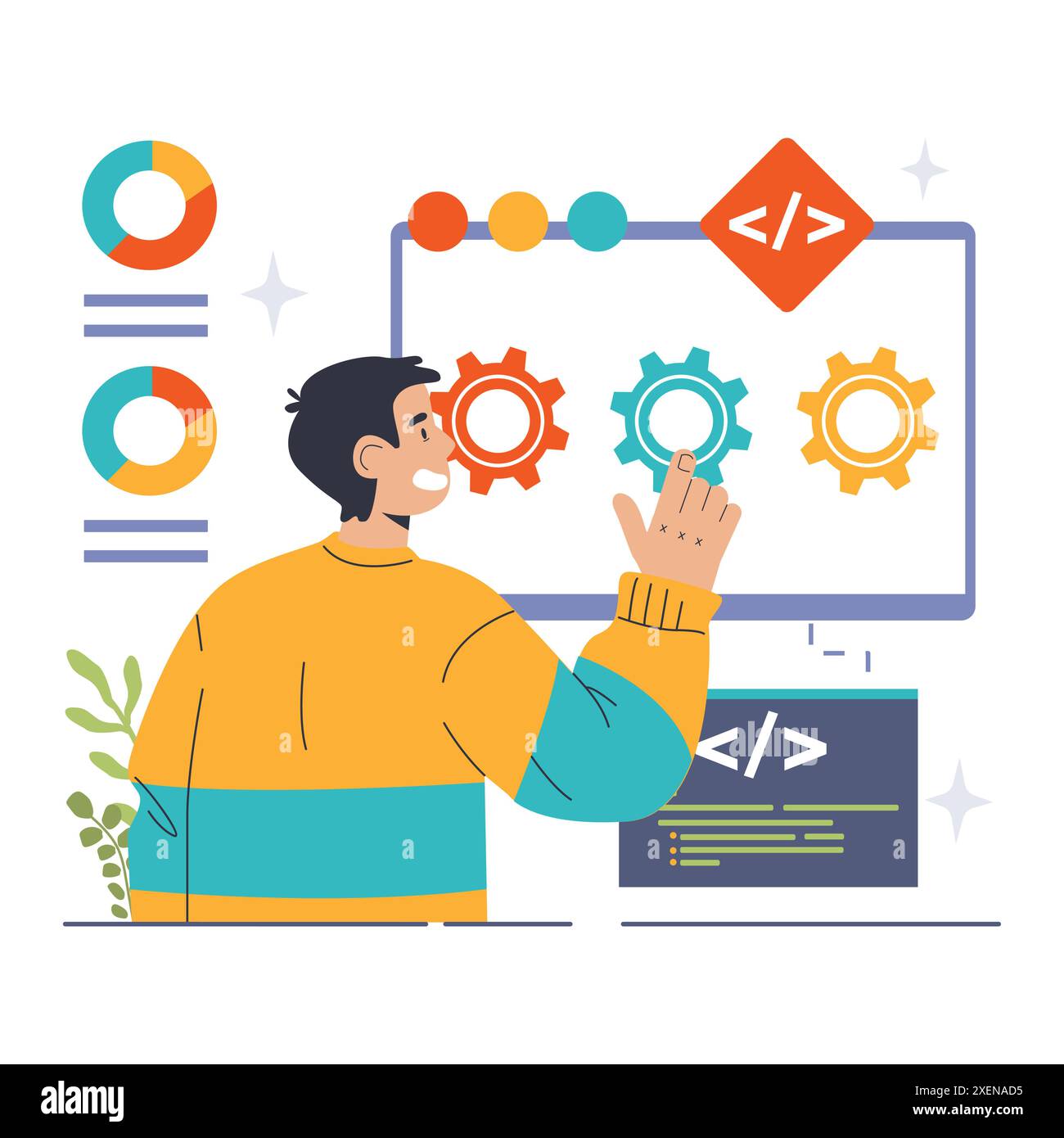 Développement logiciel. Codage, ingénierie ou programmation back-end et front-end. Développement de scripts logiciels et d'algorithmes. Illustration vectorielle plate Illustration de Vecteur