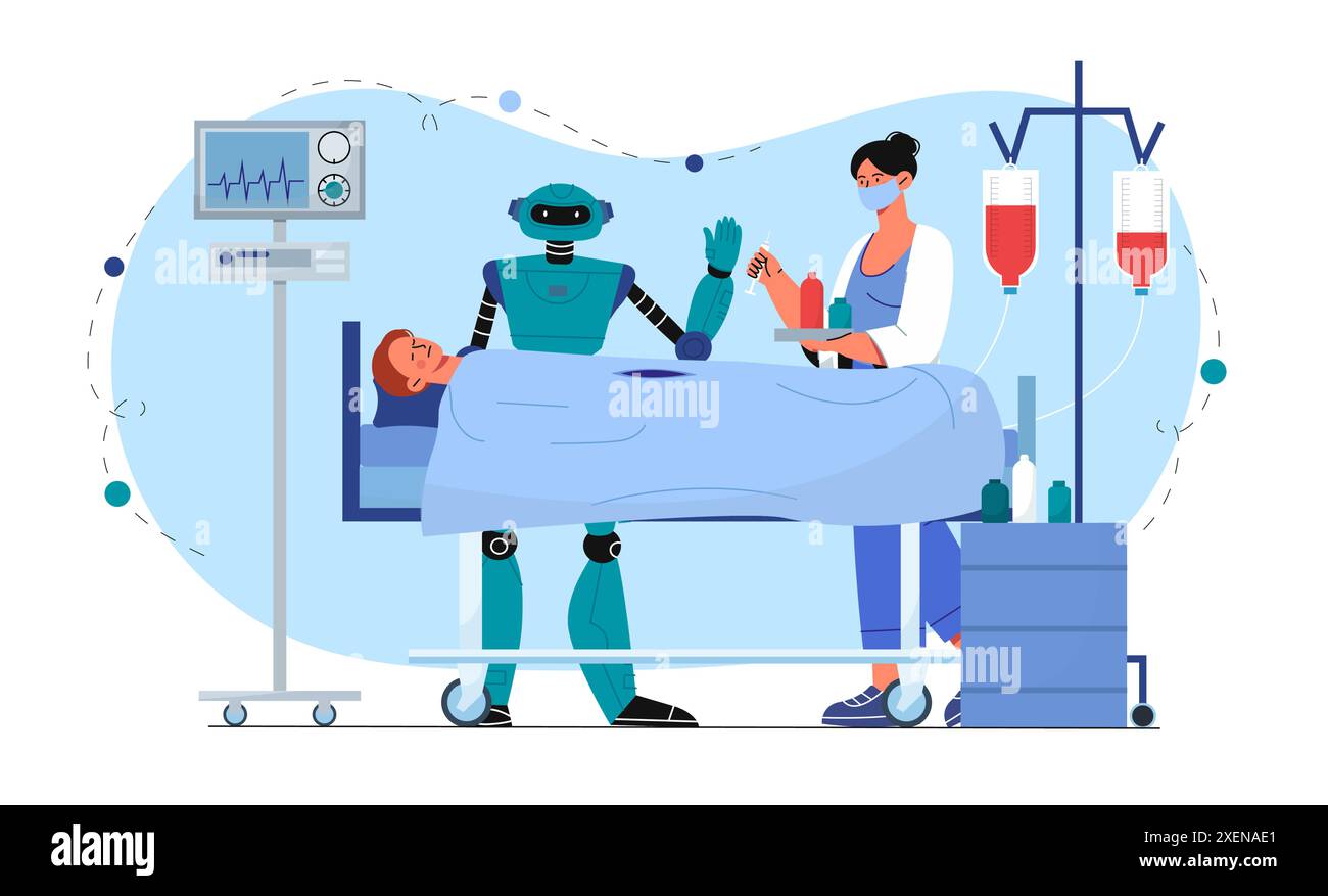 Robot lors de l'opération chirurgicale. Cyborg aide le médecin à opérer sur le patient. Intelligence artificielle et apprentissage automatique. Médecine et traitement, soins de santé Illustration de Vecteur