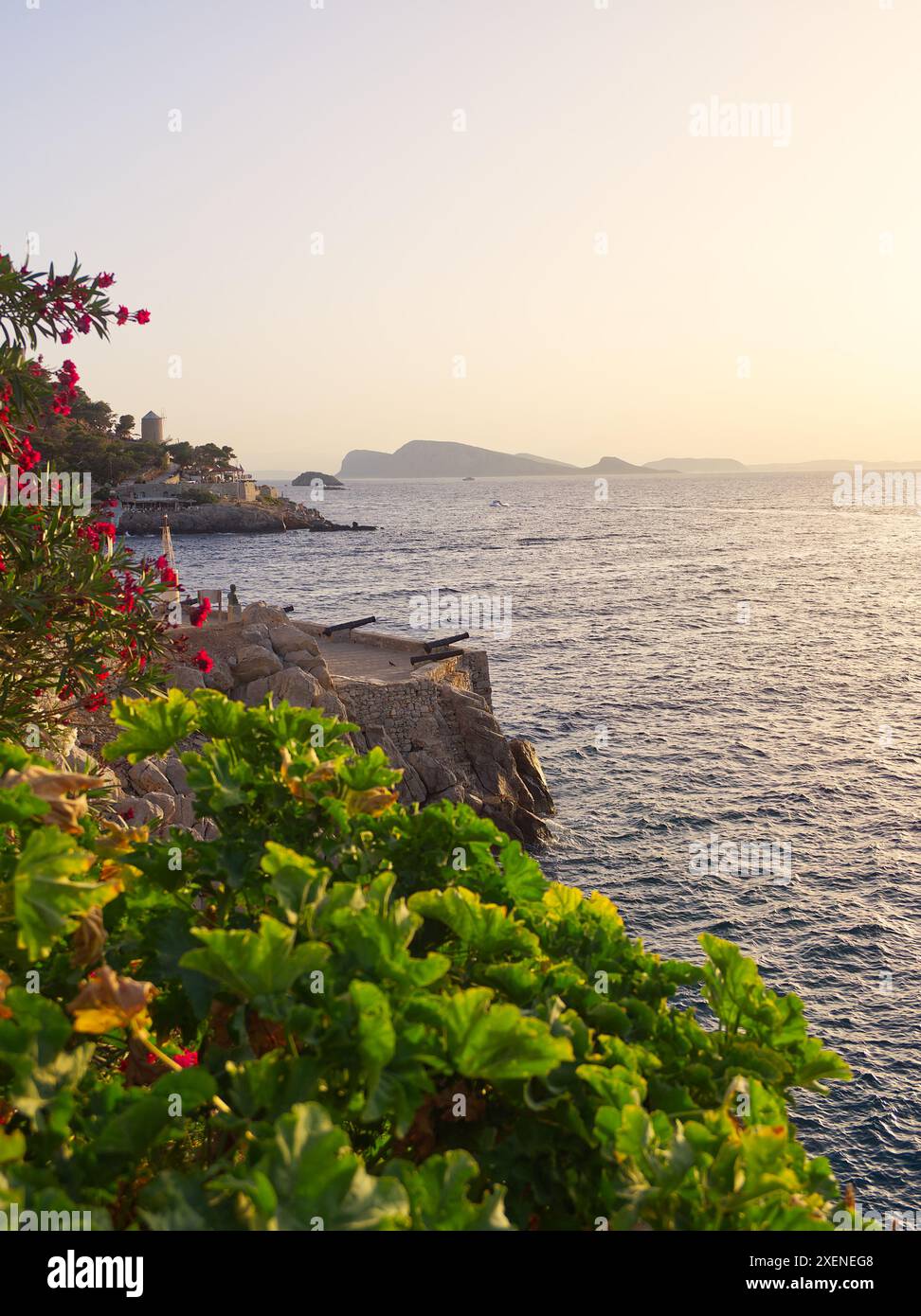 Hydra fortifié canons et mer au coucher du soleil avec des fleurs à l'avant. Golfe Saronique, Grèce Banque D'Images