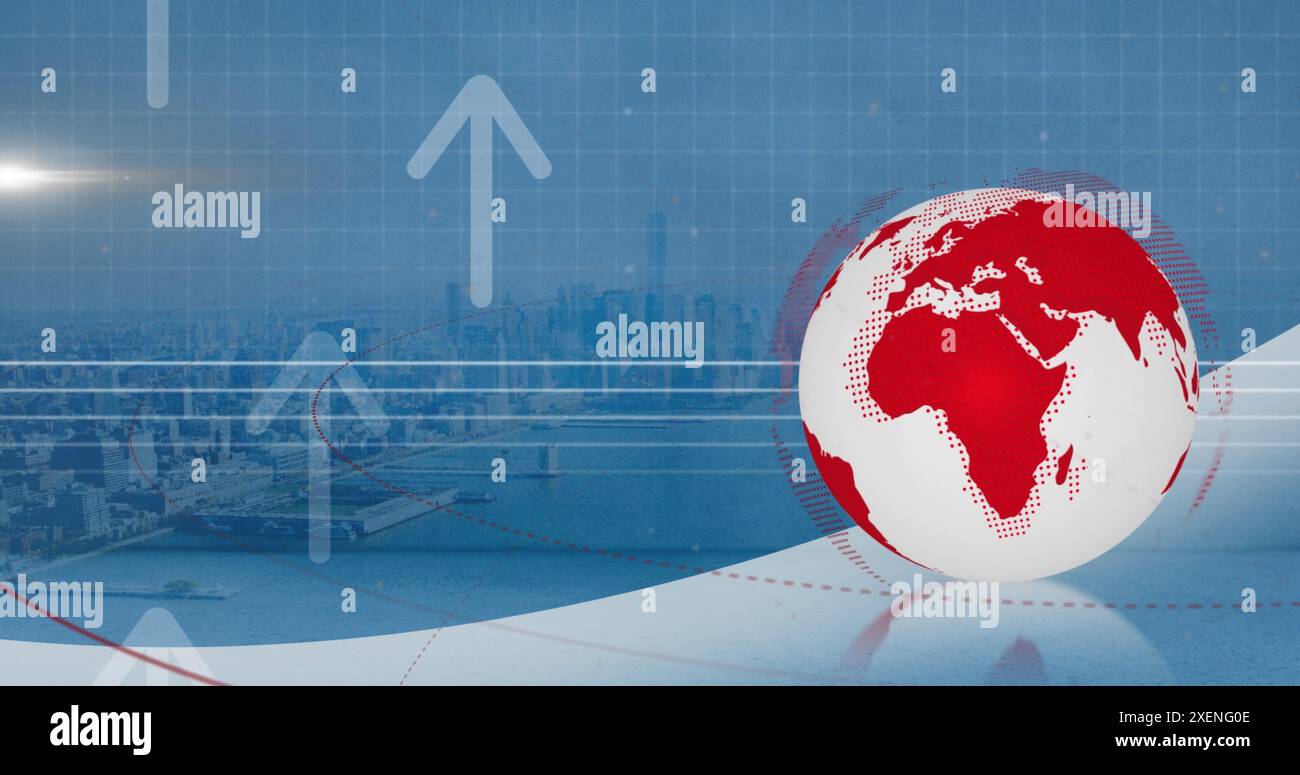 Image d'un globe tournant, d'icônes fléchées et d'un réseau d'icônes numériques au-dessus d'une vue aérienne du paysage urbain Banque D'Images
