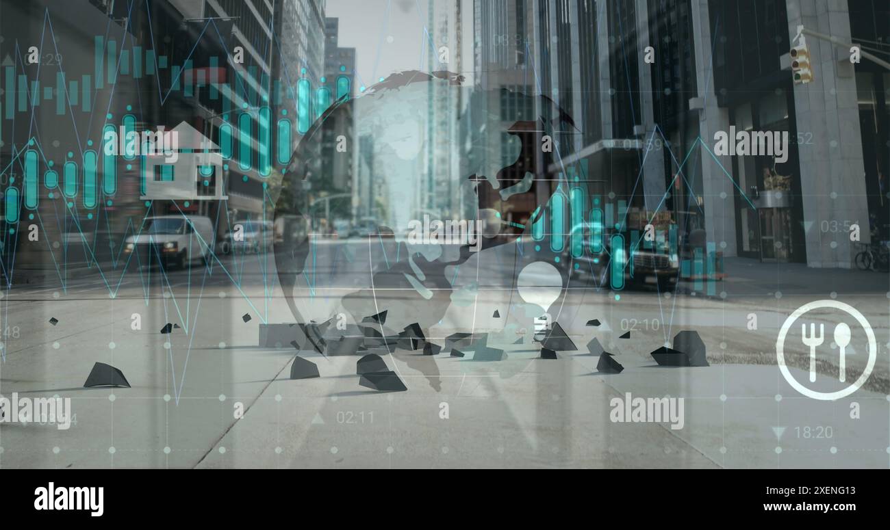 Image du traitement des données financières et du monde entier sur le paysage urbain Banque D'Images
