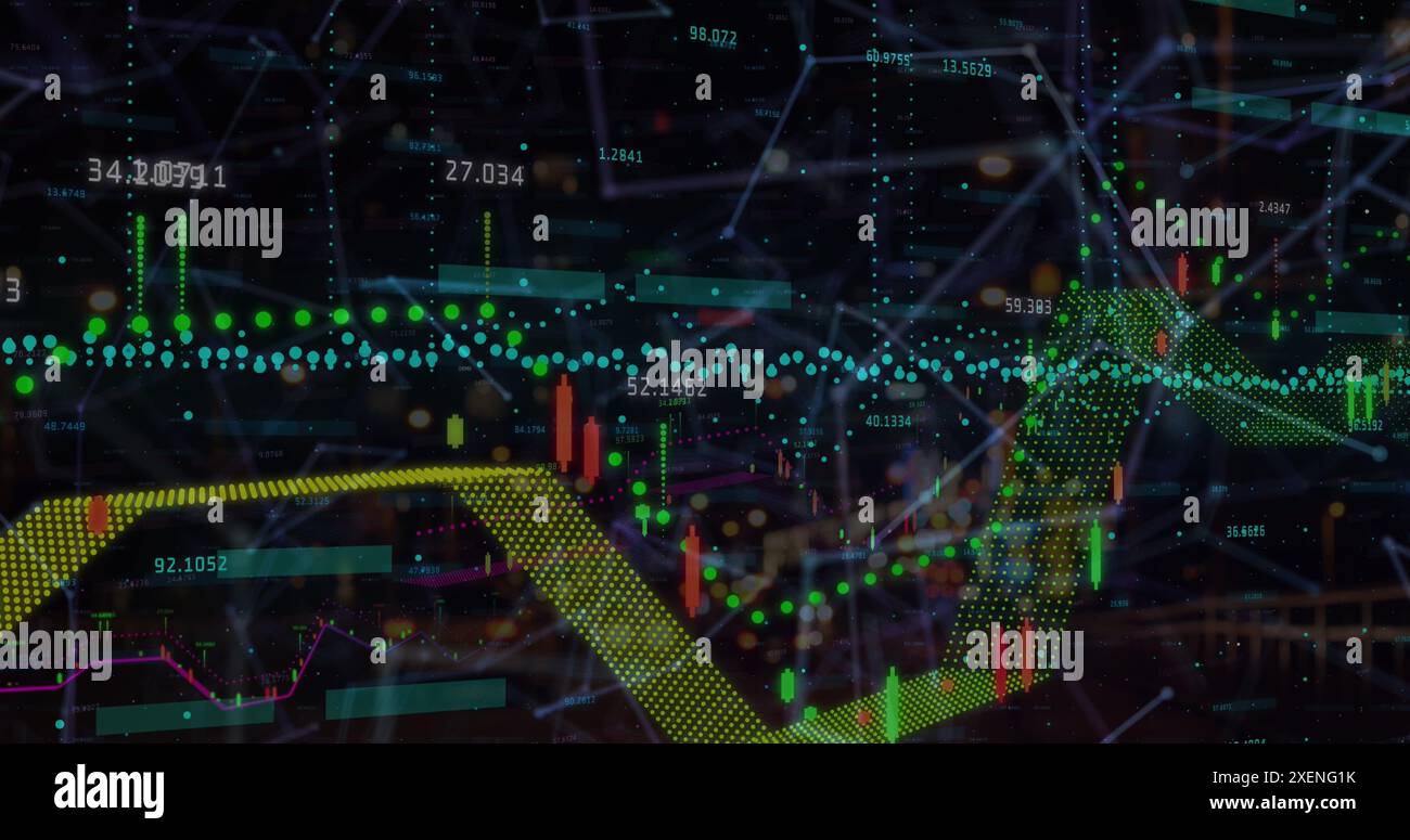 Image du traitement des données financières avec réseau de connexions sur Cityscape Banque D'Images