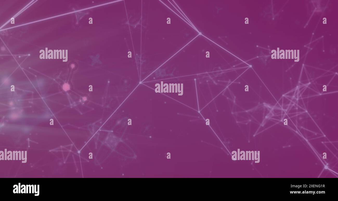 Image de traînées de lumière sur un réseau de connexions et de molécules sur fond violet Banque D'Images