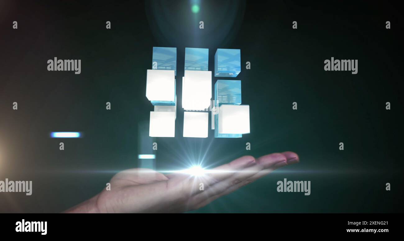 Image d'une main avec des formes en mouvement sur des points lumineux Banque D'Images