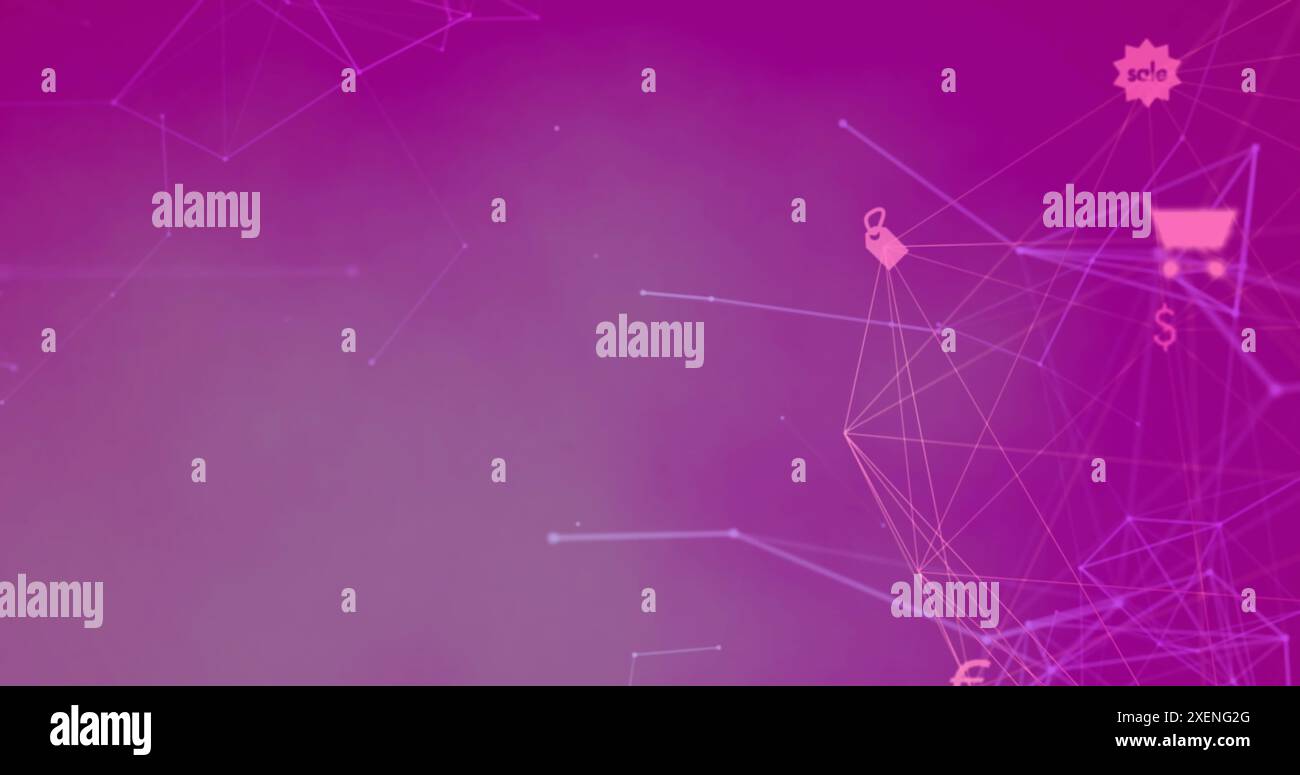 Image d'un réseau de connexions avec des icônes sur fond violet Banque D'Images