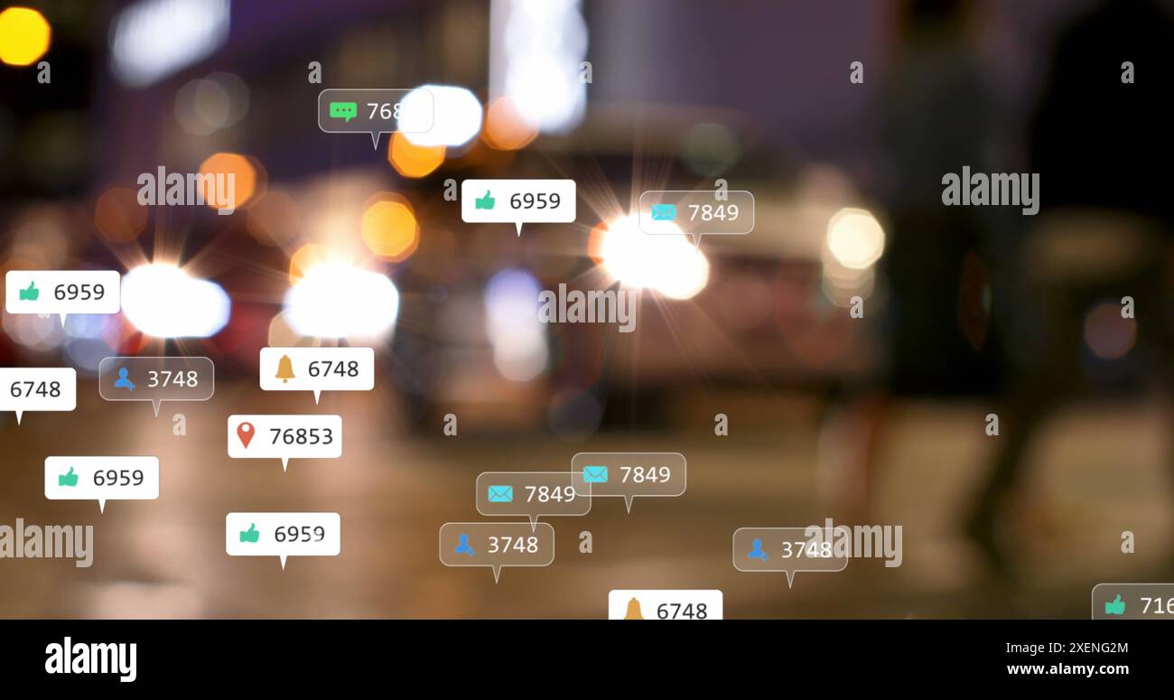 Image des icônes et des chiffres des réseaux sociaux sur les lumières de ville hors foyer Banque D'Images