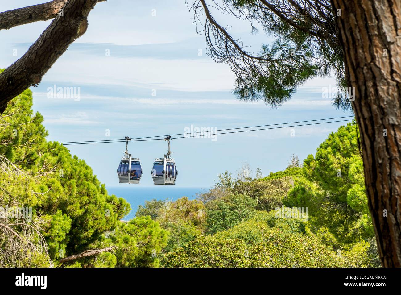 Le tramway aérien du téléphérique de Montjuic surplombant barcelone, espagne. Banque D'Images