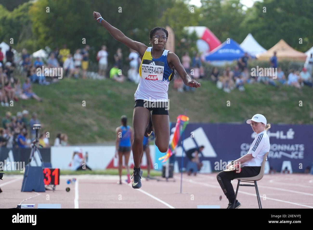 Angers, France. 28 juin 2024. FOSTHER-KATTA Anne-Suzanna es Montgeron FINALE TRIPLE SAUT FÉMININ lors des Championnats de France d'athlétisme 2024 le 28 juin 2024 au stade du Lac de Maine à Angers, France. Photo de Laurent Lairys/ABACAPRESS. COM Credit : Abaca Press/Alamy Live News Banque D'Images