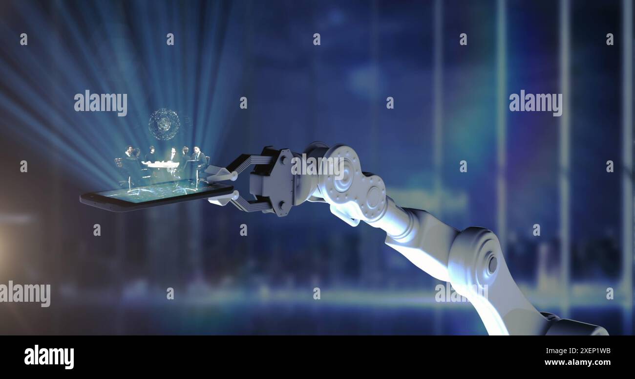 Image d'un bras robotisé avec tablette et traitement de données au-dessus d'un paysage urbain Banque D'Images