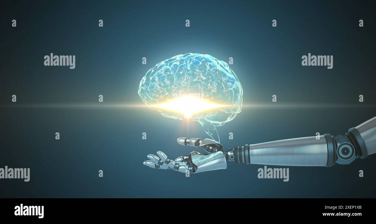Image du cerveau humain numérique sur le bras robotique au-dessus de la lumière parasite sur fond abstrait Banque D'Images