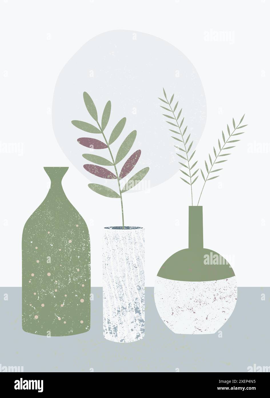 Art mural avec vases abstraits et plantes pour une esthétique rustique. Texture grunge. Décor boho imprimable. Vert, bleu, blanc, violet couleur. AE moderne Illustration de Vecteur