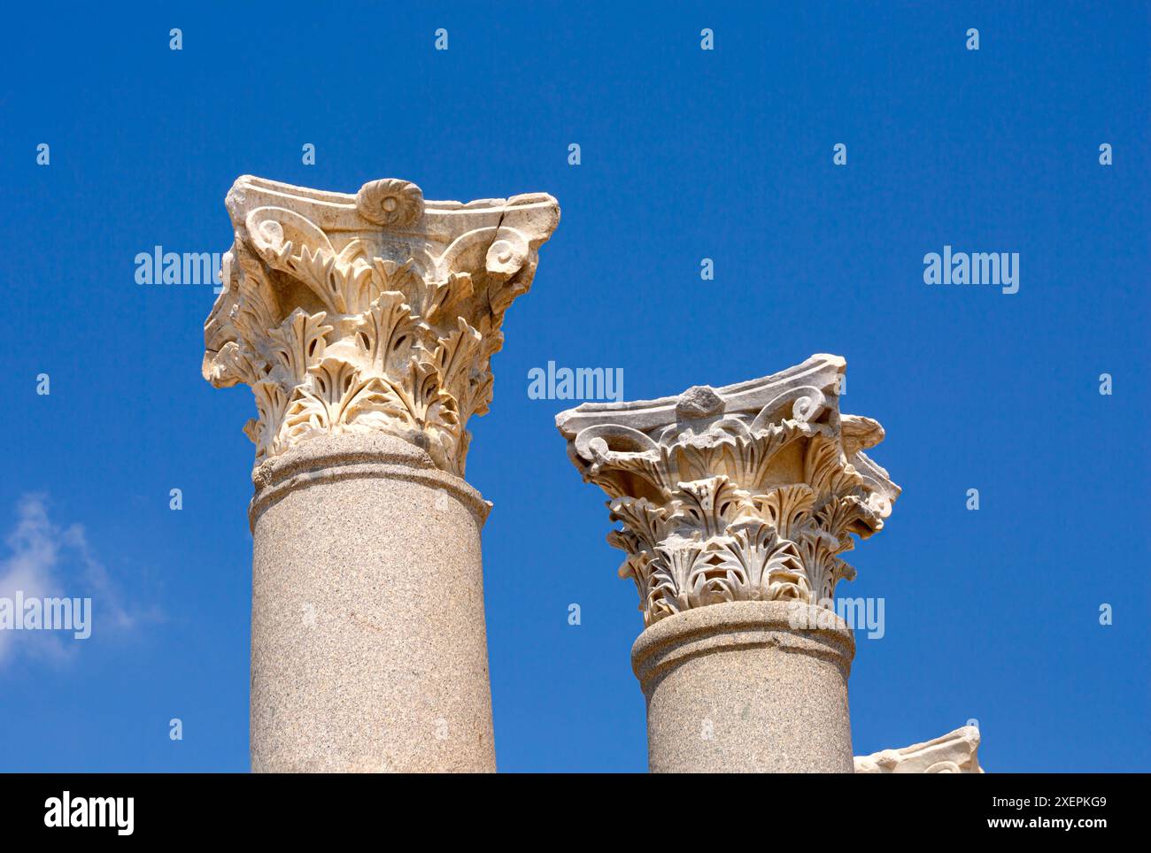 Chapiteaux de colonne corinthiens élancés et ornés sur le site des ruines antiques de Perge à Antalya en Turquie Banque D'Images