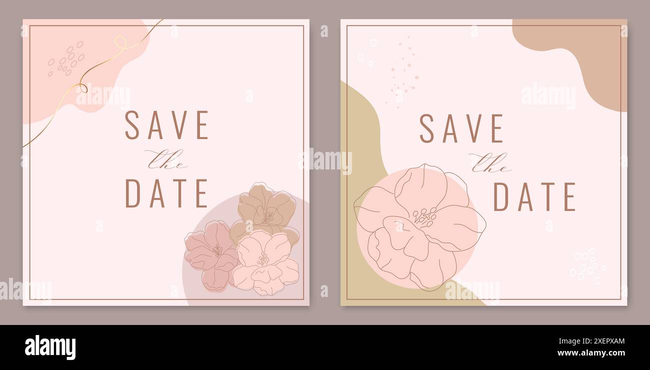 Enregistrez les modèles de carte de date dans des couleurs pastel décorées avec des contours de fleurs. Illustration vectorielle Illustration de Vecteur