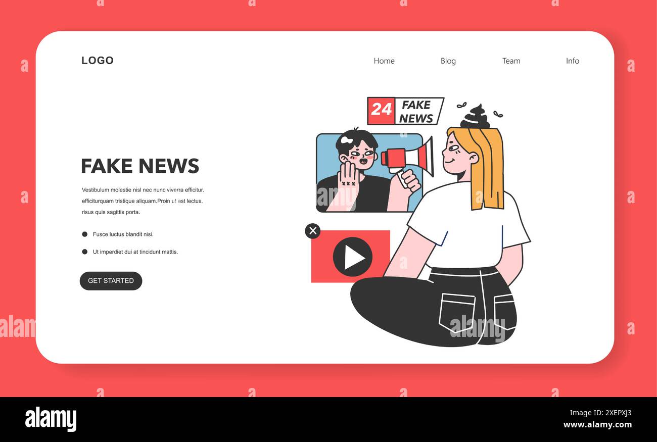 Bannière Web ou page d'accueil de fausses nouvelles. Manipulation et contrôle sur l'esprit des gens. Médias influençant et manipulant le caractère. Propagande, canulars et faux internet. Illustration vectorielle plate Illustration de Vecteur