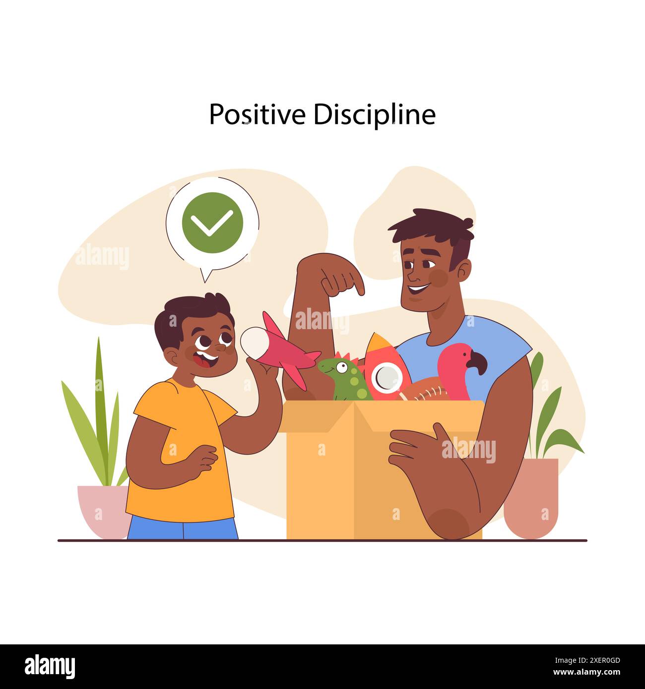 Parentalité moderne. Méthode d'éducation des enfants, éducation des enfants et éducation par discipline positive. Papa de soutien encourager un garçon à ranger les jouets. Illustration vectorielle plate Illustration de Vecteur