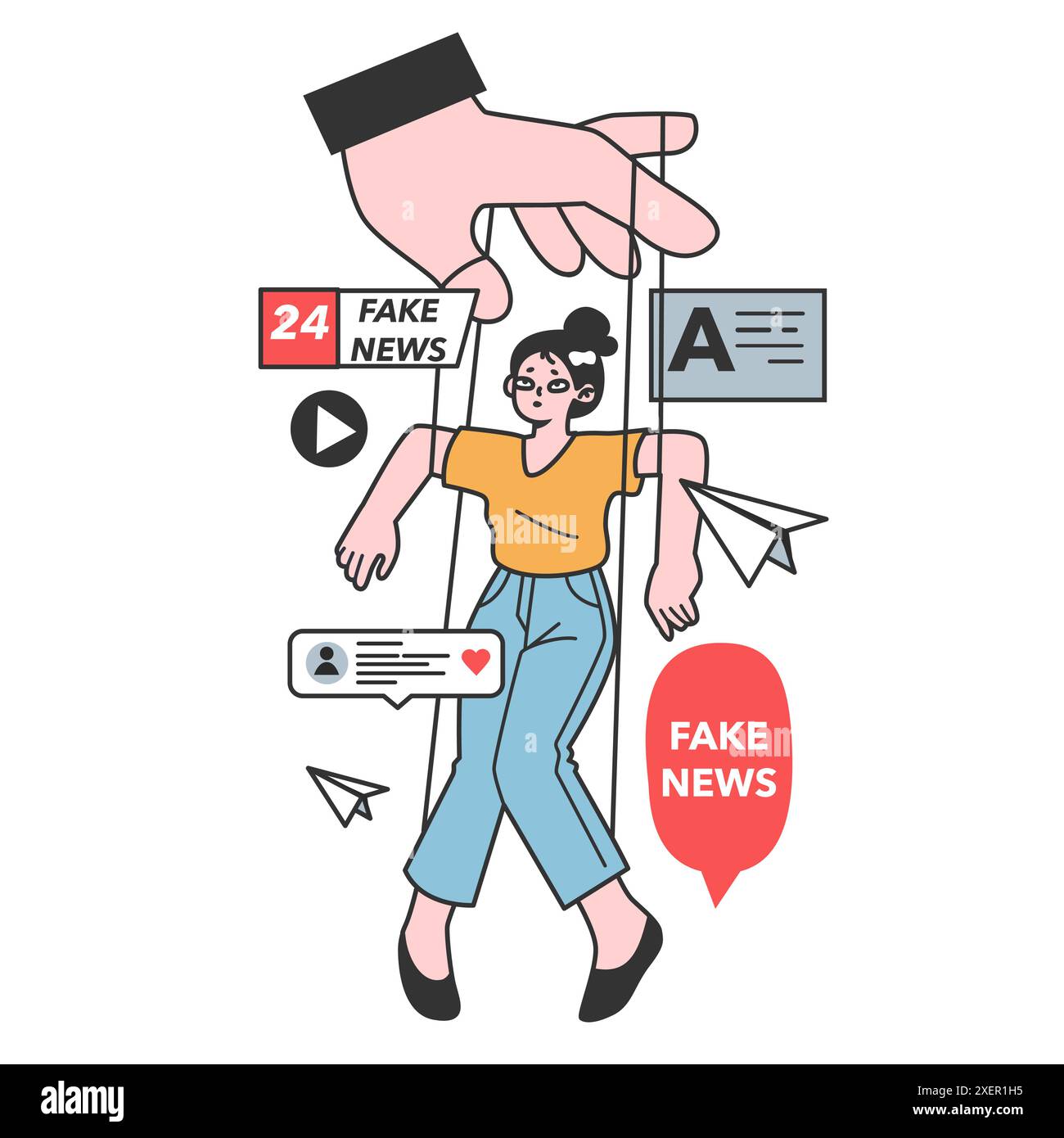 Fausses nouvelles. Manipulation et contrôle sur l'esprit des gens. Médias influençant et manipulant le caractère. Propagande, canulars et faux internet. Illustration vectorielle plate Illustration de Vecteur