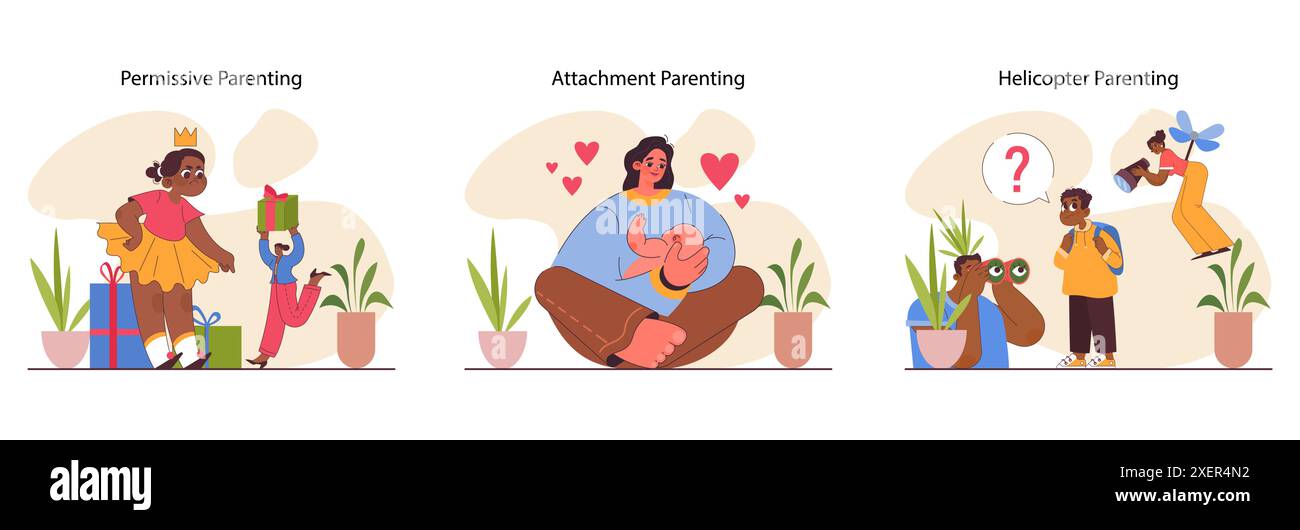 Styles parentaux définis. Les différentes méthodes d'éducation des enfants. Approche autoritaire, autoritaire, permissive et non impliquée. Éducation et éducation des enfants. Illustration vectorielle plate Illustration de Vecteur