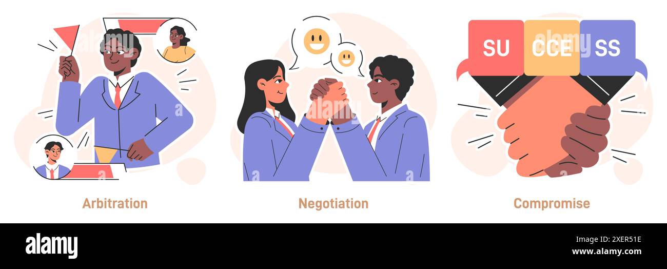 Jeu de gestion des conflits. Personnage avec compétence de résolution de conflit. Personne résoudre une confrontation, trouver un compromis sur des opinions opposées. Compétences en négociation et médiation. Illustration vectorielle plate Illustration de Vecteur