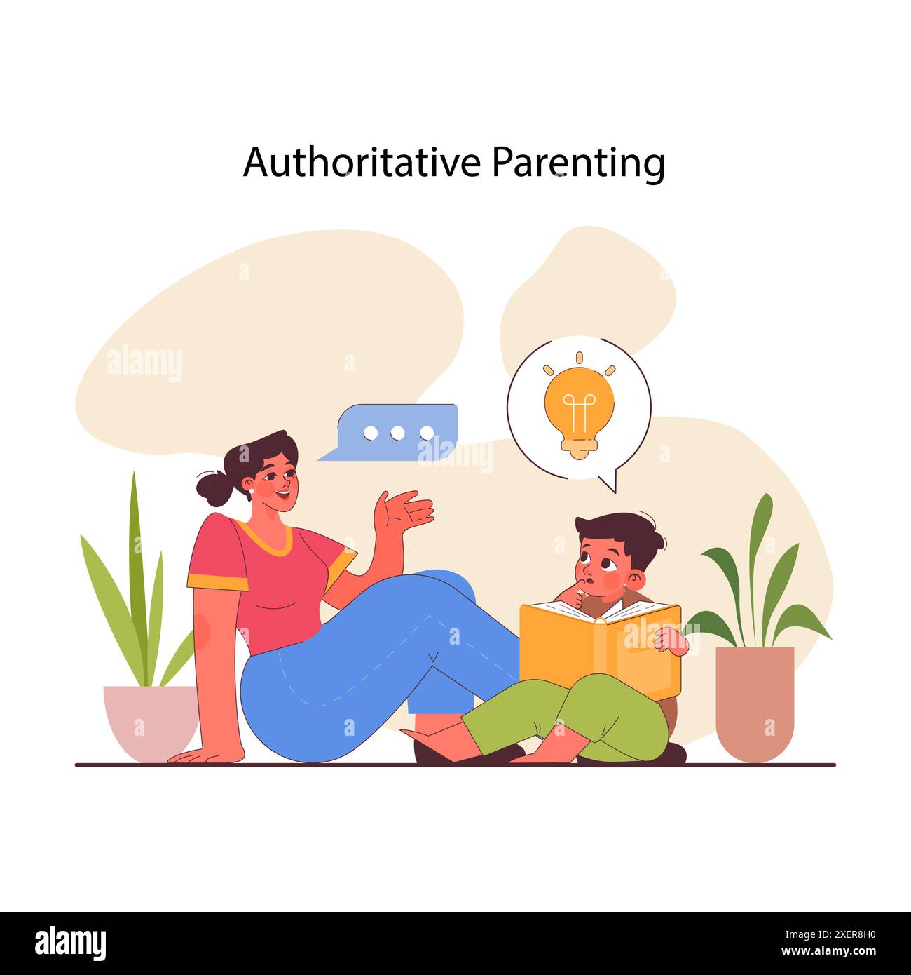 La parentalité autoritaire. Méthode d'éducation des enfants, éducation des enfants et éducation en expliquant les règles, en discutant et en raisonnant. Maman de soutien encourager un garçon à lire un livre. Illustration vectorielle plate Illustration de Vecteur