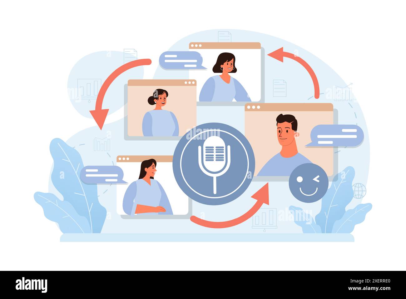 Communication en ligne. Groupes d'amis parlant entre eux, ayant un dialogue. Personnage utilisant des applications numériques pour discuter et passer des appels vidéo. Réseaux sociaux. Illustration vectorielle plate Illustration de Vecteur