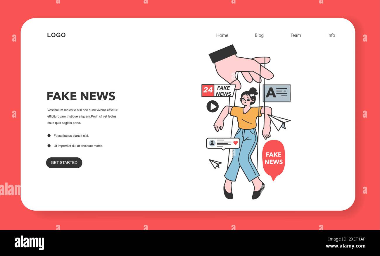 Bannière Web ou page d'accueil de fausses nouvelles. Manipulation et contrôle sur l'esprit des gens. Médias influençant et manipulant le caractère. Propagande, canulars et faux internet. Illustration vectorielle plate Illustration de Vecteur