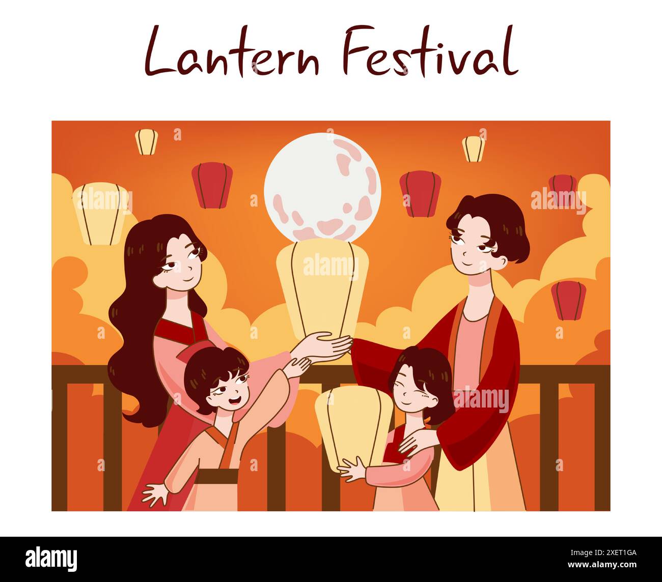 Culture asiatique. Festivité chinoise traditionnelle. Famille de personnages heureux célèbrent le festival asiatique national. Fête des lanternes le 15 janvier. Illustration vectorielle plate Illustration de Vecteur