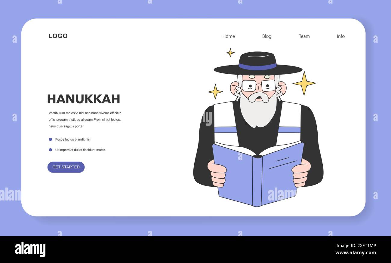 Hanukkah célébrant dans une bannière web de synagogue ou une page de destination. Rabbin senior avec une barbe lit une prière. Vieil homme juif lisant un livre. Rassemblement les jours fériés religieux. Illustration vectorielle plate Illustration de Vecteur