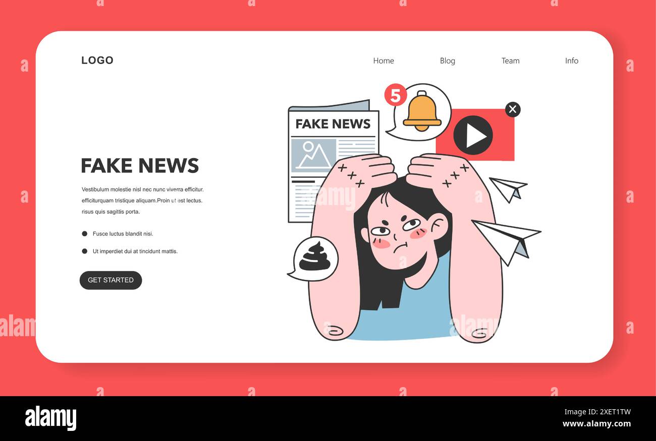 Bannière Web ou page d'accueil de fausses nouvelles. Manipulation et contrôle sur l'esprit des gens. Médias influençant et manipulant le caractère. Propagande, canulars et faux internet. Illustration vectorielle plate Illustration de Vecteur